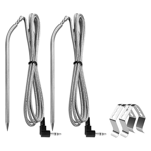 2 Pack Meat Probes for Camp Chef Grill with 2 Clips, 3.5mm Plug, PG24-28 | Fit for CampChef SmokePro Woodwind Series and More, Stainless Steel Waterproof Probe Head, High Accuracy, Plug & Play