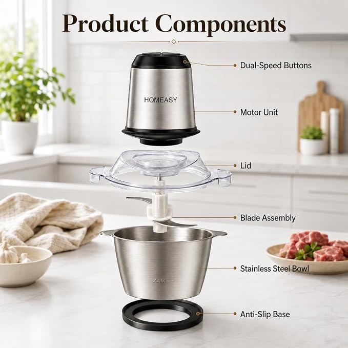HOMEASY Electric Food Chopper, 2L Stainless Steel Meat Grinder, 4 Blades | Electric food chopper with 2L stainless steel bowl and 4 blades for meat, veggies, fruit and nuts