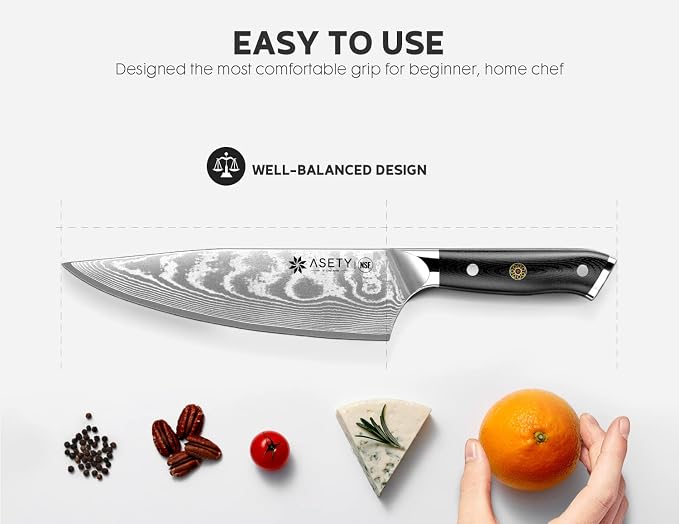 ASETY Damascus Chef Knife 8 inch, Japanese Knife with VG10 Steel Core | Ultra Sharp Kitchen Knife, Professional Cooking Knife with Sheath, Full Tang G10 Handle, NSF Food-Safe, Knife for Men Home