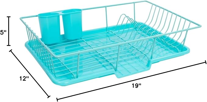 Sweet Home Collection Dish Rack Drainer 3 Piece Set with Drying Board and Utensil Holder, 5"D x 12"W x 17"H, Turquoise