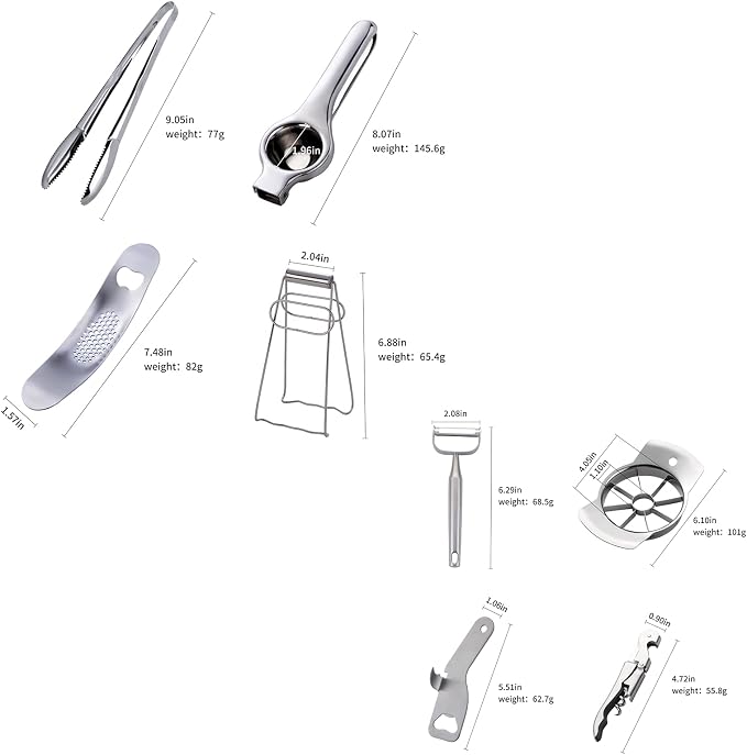 Silver Garlic Press Bottler Wine Opener Measuring Spoons Lemon Squeezer Vegetable Peeler Apple Cutter Kitchen Tongs Hot Plate Gripper Ice Tongs Kitchen Accessories Tools Set, Dish Washer Safe