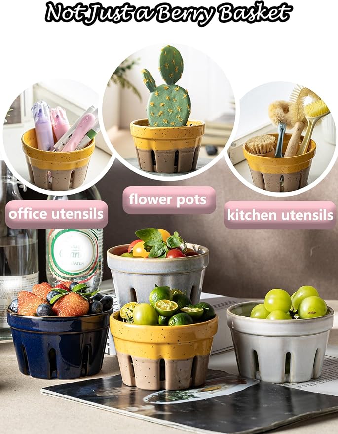 Gomakren Ceramic Berry Bowls with Holes Set of 2 for Fridge Yellow + Brown | Drain holes keep berries fresh, stackable, wash & serve, round strawberry basket for fridge kitchen counter, lovely home gift