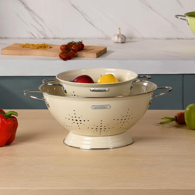 Metal Colander 2 Pack, Strainer Bowel with Handles 2Qt & 6Qt Powder Coated Solid Ring Base Heavey Duty Kitchen Drainer Basket for Pasta Veggies and Fruits,New Home Apartment Essentials (Almond Cream)