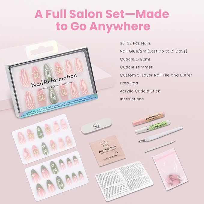 Nail Reformation Press On Nails, Garden of Pearls Short Almond Fake Nails | 15 Sizes 30 Pcs Floral French on Pink Green Shimmer Base in Glossy Finish, Reusable Stick On Nail Kit for Women Gifts