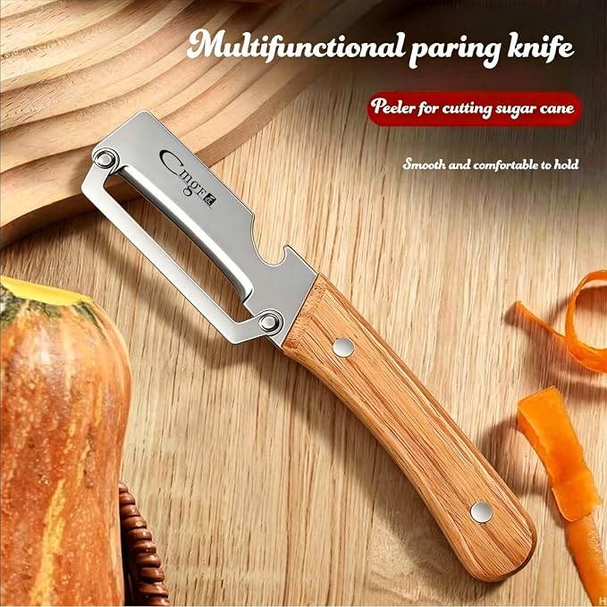 Left-Handed Vegetable Peeler Wooden Stainless Blade for Fruit Potato | Multifunctional,Thickened Sharp Stainless Blade,Anti-slip,Zero Snag,Built-in Bottle Opener for Carrot Pumpkin Sugarcane