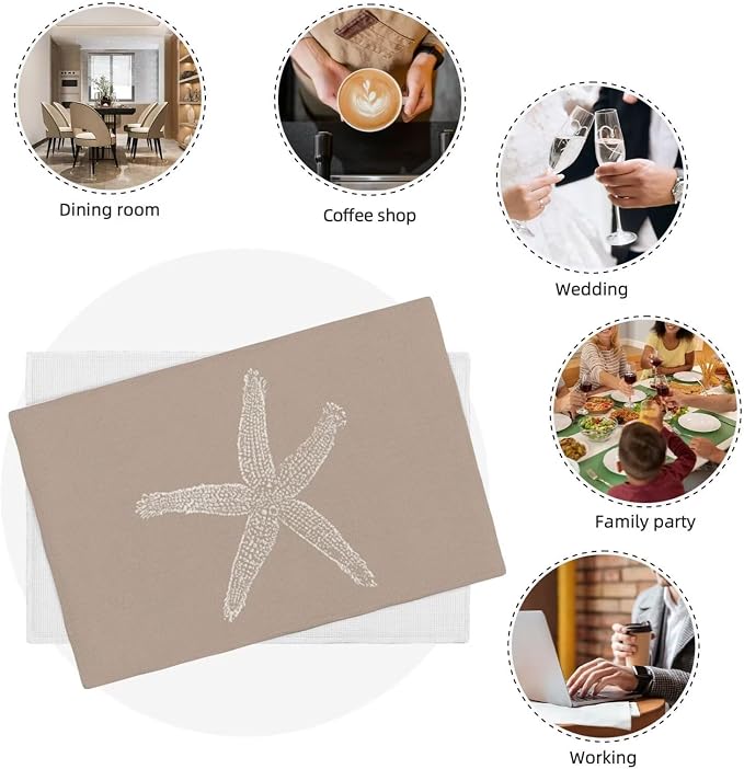 Summer Coastal Placemats Set of 4, Beach Theme Ocean Brown Tan Starfish Decorative Table Mat 12 x 18 Inch Heat Resistant Non Slip Line Fabric Nautical Place mat for Dining Table