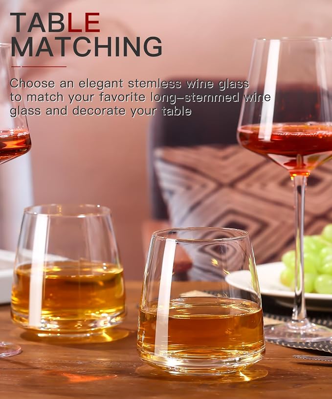 Stemless Wine Glasses Set of 6-15oz【Hand-Blown】 Durable Red White Wine Glasses,Unique Crystal Gifts for Him/Her for Wedding, Birthday,Father's Day