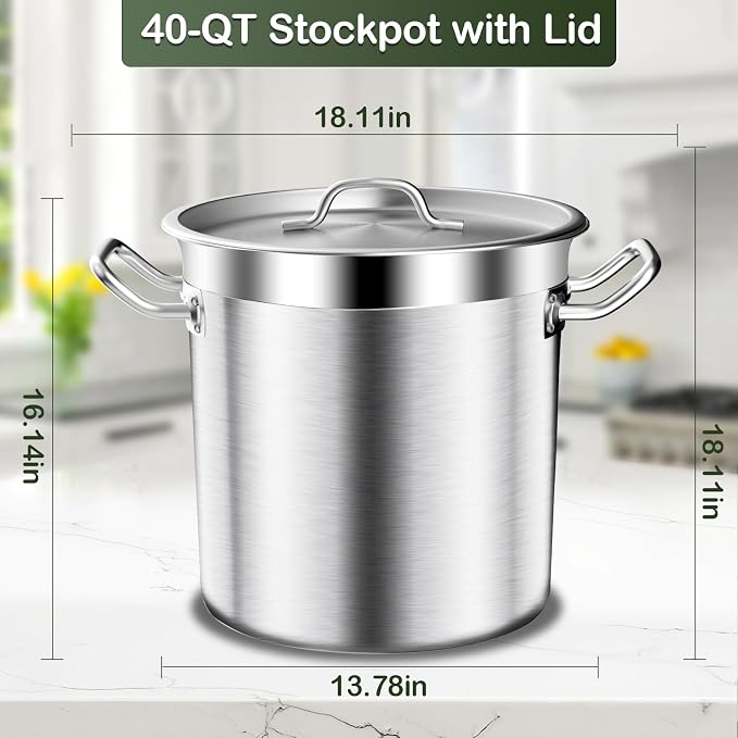 Stockpots-40QT Large Stock Pot Stainless Steel Stockpot with Lid, Heavy Duty Tri-Ply Bottom Commercial Grade Stock Pot for Boiling Cooking Soup Stew Canning Cooking Pots,Big Stockpot, Deep Cookware