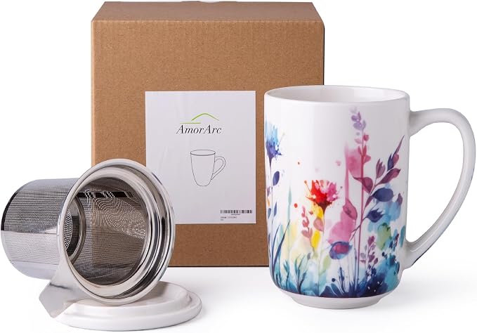 AmorArc Tea Cup With Infuser and Lid, 18oz Loose Leaf Tea Mug With Steeper | Porcelain Tea Mug With Infuser and Lid, Large Strainer Tea Cup with Lid for Tea, Coffee Mug for House-warming Birthday Gift