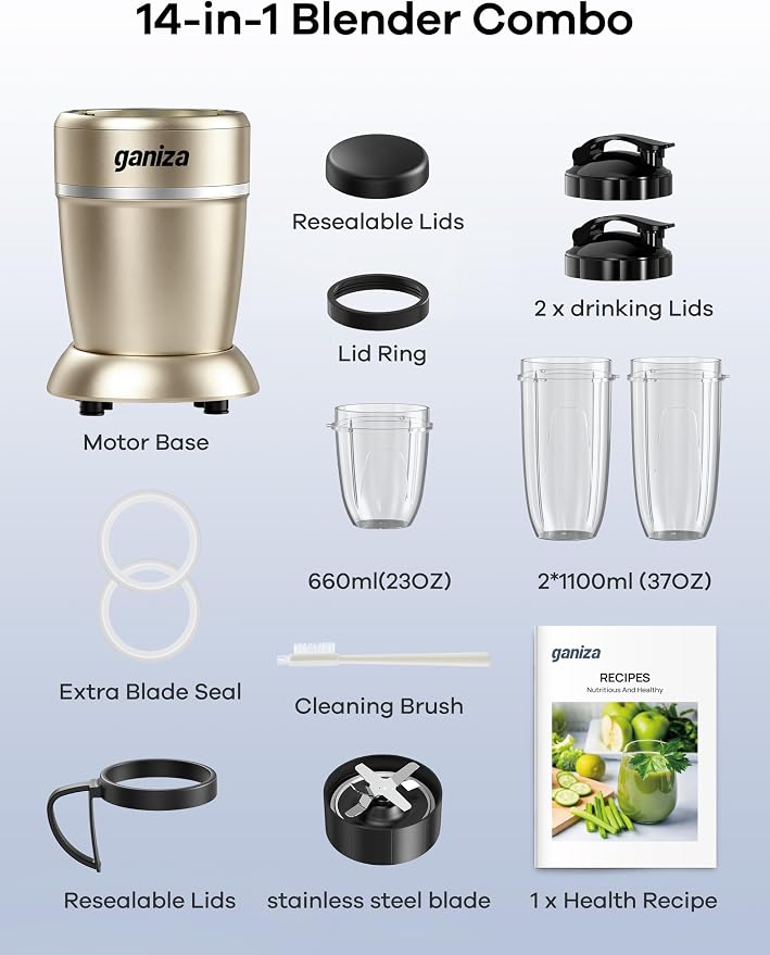 Ganiza Smoothie Blender Max 1300W, Personal Kitchen Blender & Grinder Combo | 23 oz, (2) 37 oz To-Go Cups, 6-Leaf Blade, Portable Maker for Smoothies, Shakes, Frozen Drinks, Sauces, Coffee Beans, Nuts