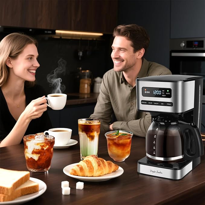 Taylor Swoden Programmable Coffee Makers 12 Cup, Black &Stainless Steel | Hot and Iced Coffee Maker, 4 Brew Strength, LED Display, 24H Timer, Keep Warm&Auto Shutoff- Drip Coffee Machine for Home