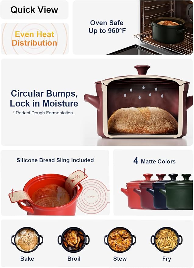 LE TAUCI 3 QT Ceramic Bread Baker with Lid for Sourdough, Covered Bread Baking Pot with Natural Steam Retention, Oven Safe to 500°F, Silicone Bread Sling Included, Chili Red