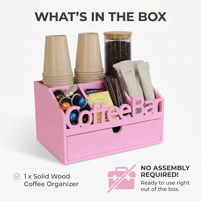 Coffee Bar Organizer Countertop, Wood Coffee Station with Drawer, Pink | K-Cups, Tea Bags, Sugar Packets & Creamers