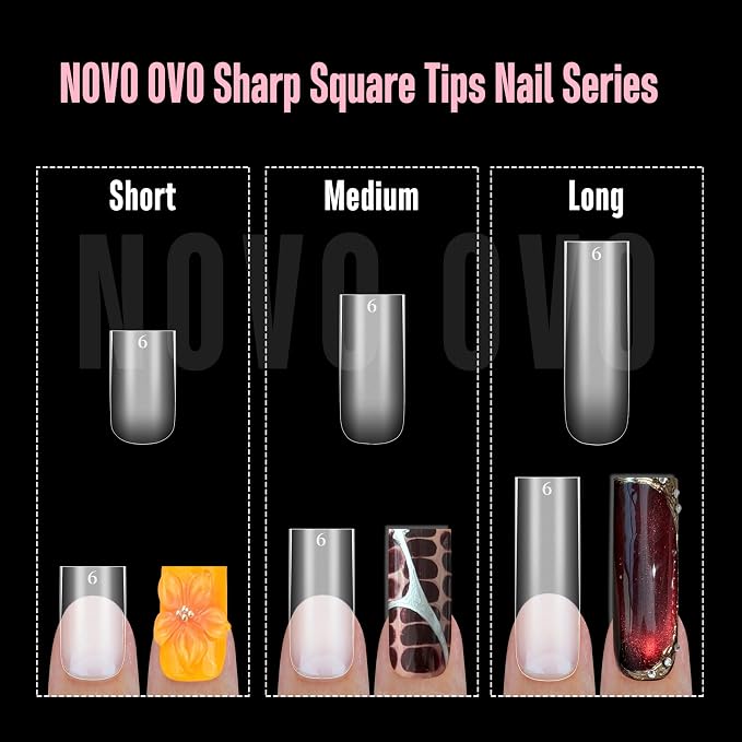 NOVO OVO Sharp Square Medium Nail Tips Press on, Natural (Not Sculpted) No C Curve Soft Gel Double Matte Clear Fake Nail Extension,Full Cover False Nails for Salon DIY Manicure x 15 Sizes 180 pcs