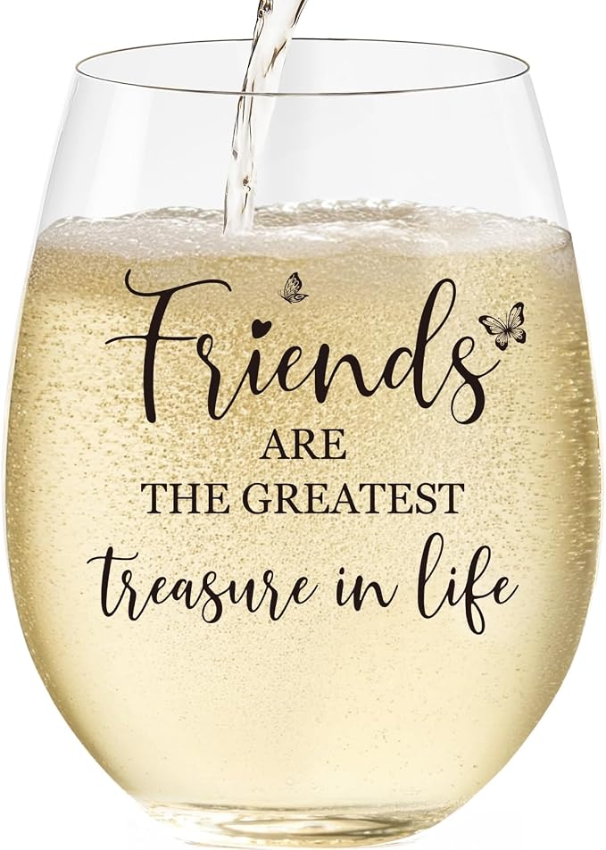 Friend Birthday Gifts for Women, 15 oz Wine Glasses, Dishwasher Safe | “Friends Are The Greatest Treasure In Life” – Scratch-Resistant Wine Glass, Best Friend Birthday Gifts for Women (Black)