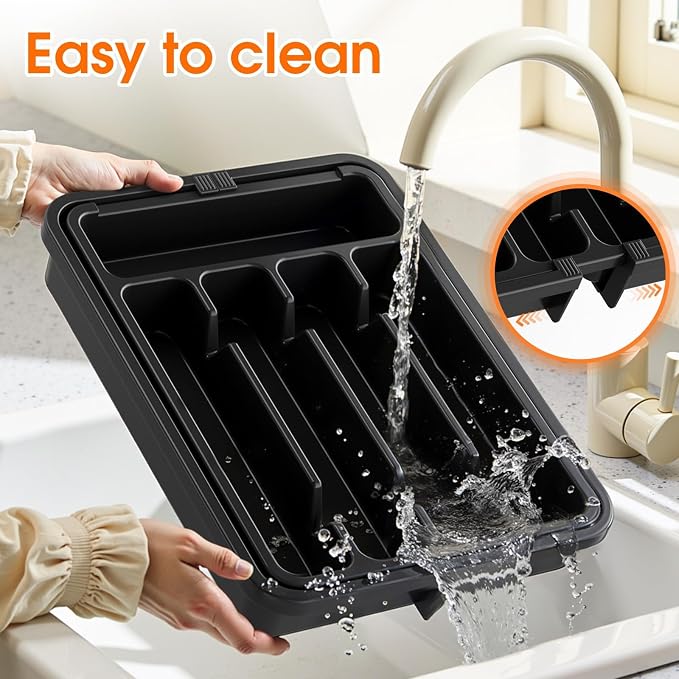 SpaceHacks Silverware Organizer,Adjustable & Expandable Drawer Organizer | Utensil Drawer Organizer, BPA Free Utensil Holder, Cutlery Tray for Forks, Spoons, Knives in Kitchen, Medium, Black