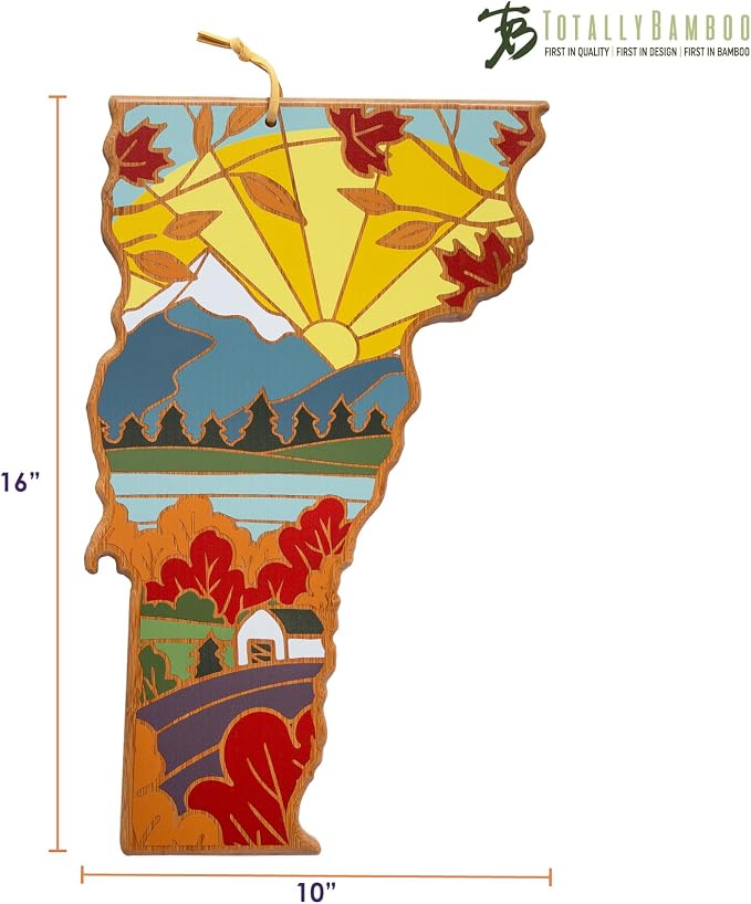 Totally Bamboo Vermont State Shaped Cutting Board, Summer Stokes Art | State charcuterie board with colorful hand-drawn landscape art. Smooth reverse side for food prep. Hang tie for wall display.