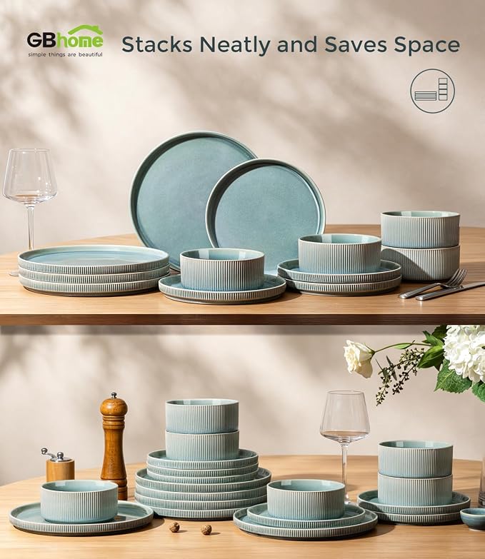 GBHOME Stoneware Dinnerware Sets for 8, 24-Piece Plates and Bowls Set | Handmade Reactive Glaze Ceramic Dish Set, Scratch Resistant, Dishwasher&Microwave Safe,Malachite Green