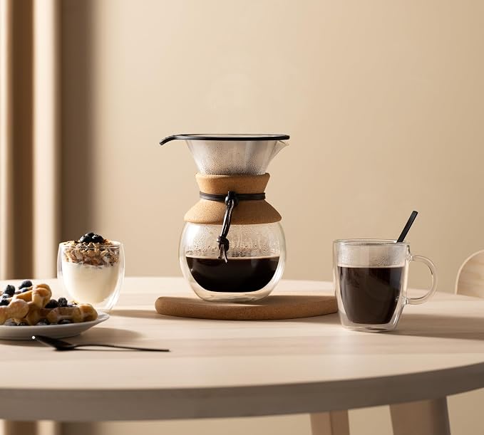 Bodum 34oz Pour Over Coffee Maker, High-Heat Borosilicate Glass with Reusable Stainless Steel Filter and Double Wall Cork Grip - Made in Portugal