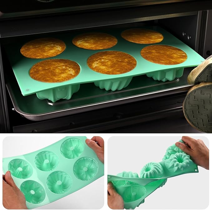 HUAKENER 2 Pcs Mini Fluted Cake Pan, 6-Cavity Fluted Tube Cake Pan | Non-stick Silicone Baking Mold for Cupcakes, Donuts, Cornbread, Brownies, Jellies (BPA-Free)