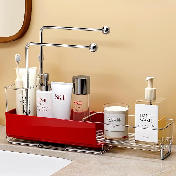 Expandable Kitchen Sink Caddy 25-38cm, 360° Rotating Sponge Holder & Brush | Red, large, stretchable 25-38cm. Side brush holder, triple drainage, rust-proof. Ideal for sponge & kitchen sink accessories.