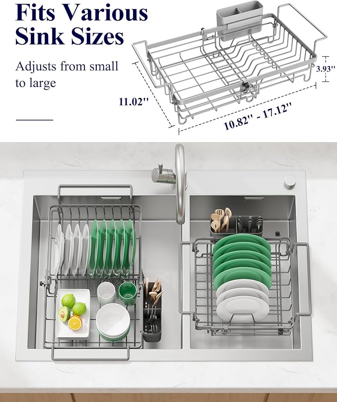 Kitsure Expandable in-Sink or Over-Sink Dish Drying Rack, Large, Grey | Rust-Resistant Dish Rack for Kitchen Counter, Dish Drainer with Cutlery Holder, 10.82"-17.12" L x 11.02" W x 3.93" H