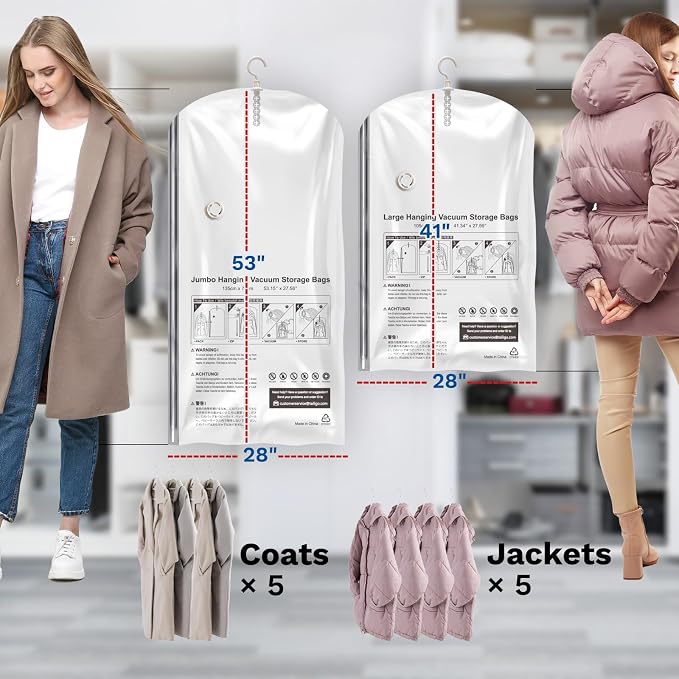 Hanging Vacuum Storage Bags, Space Saver for Clothing, 6 Combo with Pump | Vacuum Seal Bags for Clothing with Electric Pump, Hanging Garment Storage for Jackets, Suit, Dresses, Winter Closet Organizer