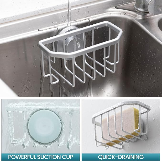 TAILI Sponge Holder for Kitchen Sink with Suction Cup-Silver, Aluminum | Rustproof Aluminum Sink Caddy for Sponges,Brushes,Stoppers & Scrapers,Removable Ventilated Quick-dry Design, holds Up 11lbs