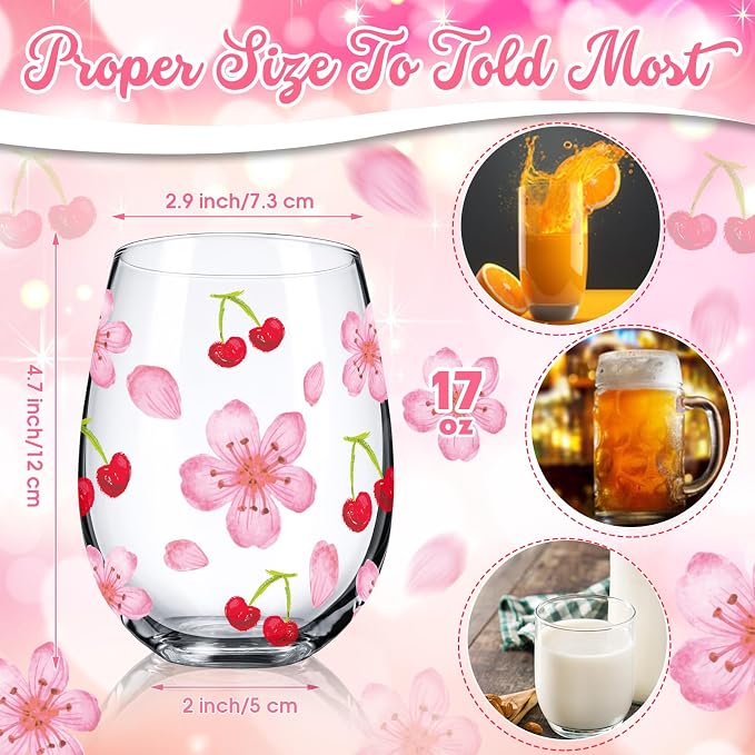 Sliner 2 Pack 17oz Cherry Blossom Stemless Wine Glasses Cherry and Flower Drinking Glasses Floral Tumbler Cups for Women Wedding Birthday Gift Parties Supplies