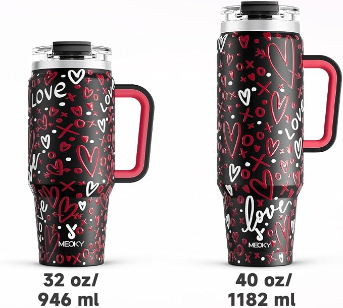 Meoky 40 oz Tumbler with Handle and Straw, Insulated Tumbler with Lid and Straw, Stainless Steel Travel Mug, Keeps Cold for 34 Hours, 100% Leak Proof, Fits in Car Cup Holder (Romance)
