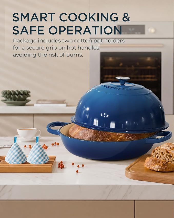 Enameled Cast Iron Bread Oven, 6QT Cast Iron Dutch Oven for Homemade Sourdough Bread Baking, Round Bread Pot with Dome Lid & Cotton Potholders, Navy Blue