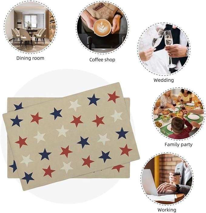 4th of July Placemats Set of 4, Independence Day Blue Red White Stars Patriotic Decorative Table Mat 12 x 18 Inch Heat Resistant Non Slip Line Fabric Place mat for Holiday Party Kitchen Dining