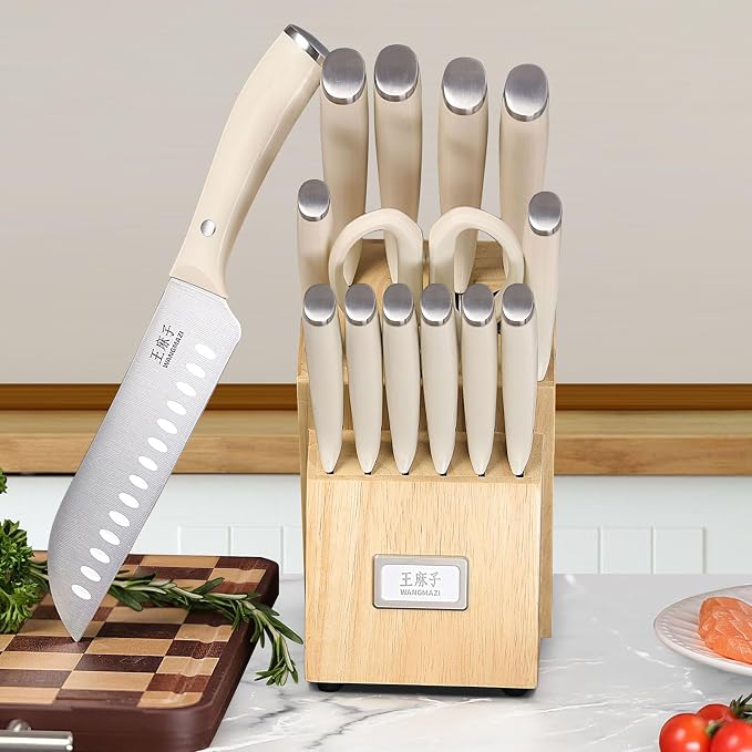15 Pcs Knife Block Set, Japanese High Carbon Stainless Steel Sharp Blade Knife Set, Razor Sharp Knives Set for Kitchen, Dishwasher Safe, Elegant Box for Men Women, Natural