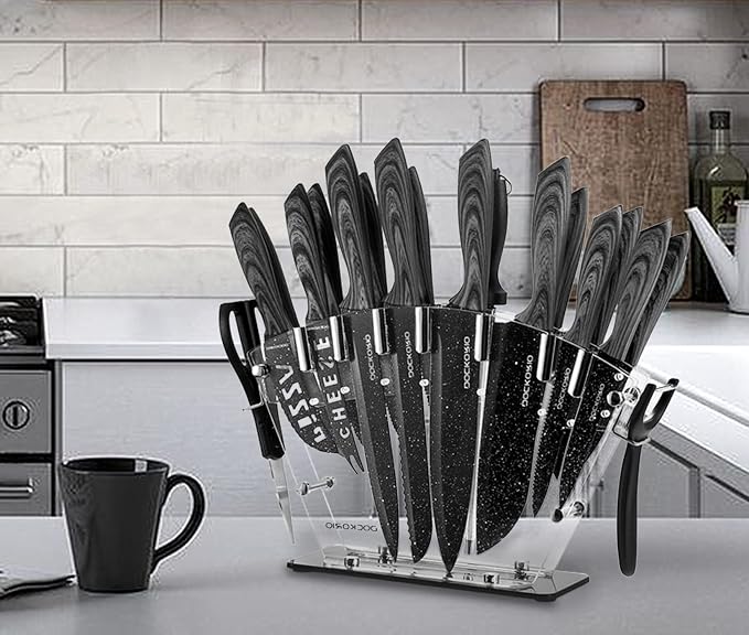 Kitchen Knife Set 19 Piece with Block High Carbon Stainless | 19 piece black knife set with block, high carbon stainless steel, steak knives, chef knife, bread knife, scissors & sharpener