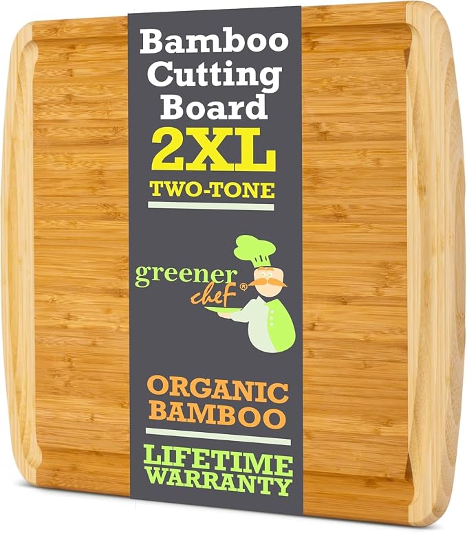 HUGE 24 Inch Bamboo Cutting Board with Lifetime Replacement - 2XL Extra Large Wooden Butcher Block for Kitchen, Stove Top, Meat, Vegetables, and Charcuterie with Deep Juice Grooves