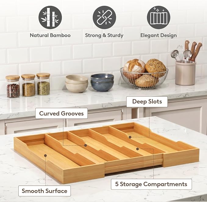 Lifewit Utensil Drawer Organizer, Expandable Kitchen Tool Tray | Wood Adjustable Flatware and Spatula Storage Divider, 11-19.7 x 17 x 1.8“, Natural