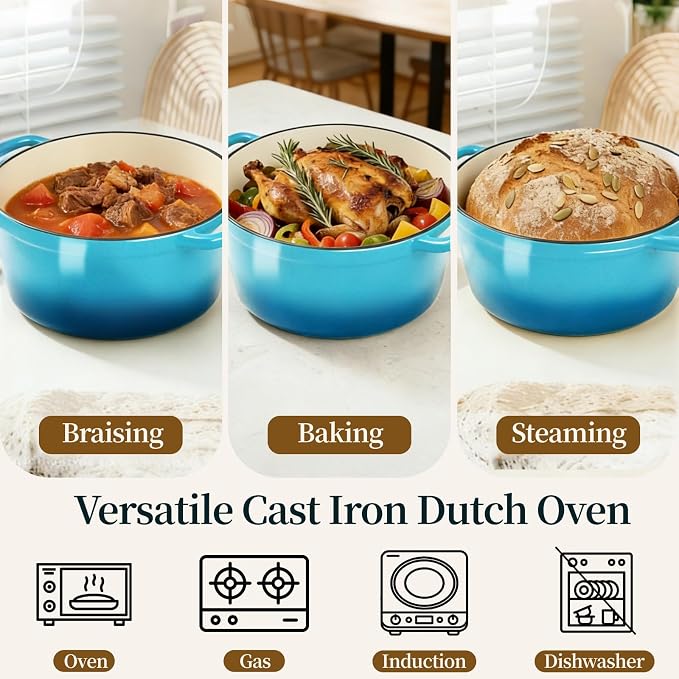 Enameled Cast Iron Dutch Oven pot 6.5 QT with Lid for Bread Baking | Cookware incl. Sourdough Bread-Baking Supplies like Banneton, Dough Whisk, Gloves, Oven Safe for Stews, Roasting, Sea Blue