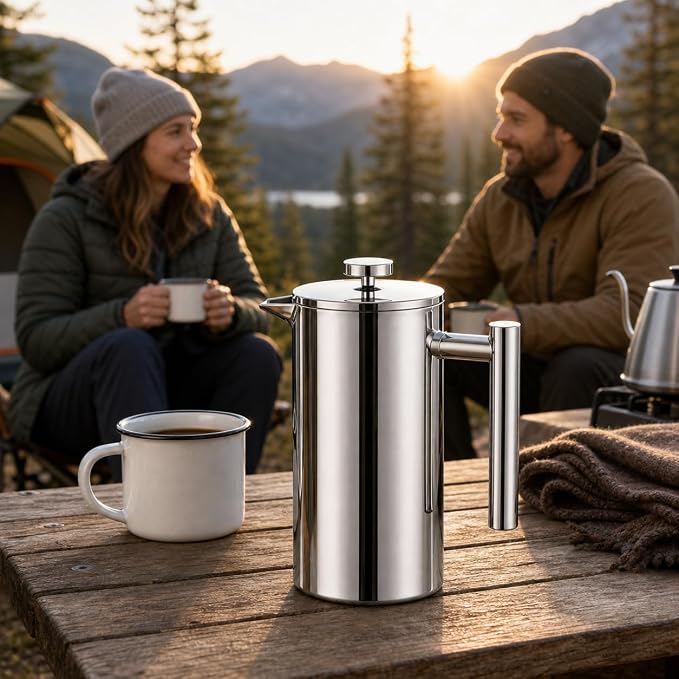 12 oz / 350 ml Stainless Steel French Press Coffee Maker, Double-Wall Insulated Small Coffee Press with 2 Extra Filters and Coffee Spoon, Single Serve French Press for Home, Office and Camping