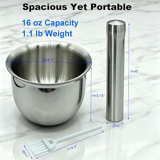 Mortar and Pestle Set, Pill Crusher Fine Powder, 2 Cups Capacity for Tablets, Herbs, Spices, Garlic, Nuts and More, Durable Yet Portable Design
