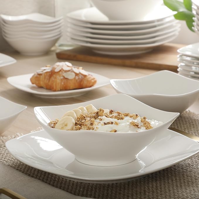Gibson Home Brentwood 40-Piece Dinnerware Set – Square White Porcelain Plates and Bowls, Service for 8, Dishwasher & Microwave Safe, Modern Everyday Dinner Set with Cereal, Dessert, and Entrée Bowls
