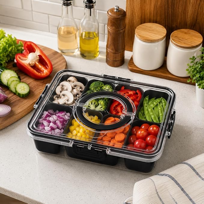 Dingerjar Divided Serving Tray with Lid and Handle - Snackle Box Charcuterie Container for Portable Snack Platters Organizer for Candy, Fruits, Nuts, Snacks - Perfect for Party, Entertaining, Black