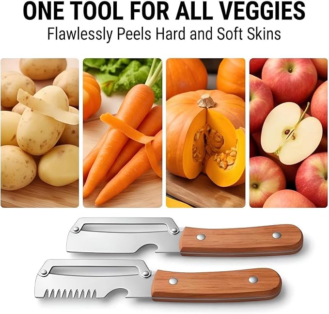 2Pcs Multifunctional Vegetable Peeler with Wooden Handle – 2026 Upgrade Odorless Stainless Steel Peeler, 2-in-1 & 3-in-1 Kitchen Gadget with Scallion Shredder & Bottle Opener – Home Cooking Essential