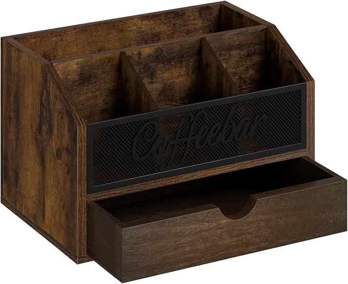 YINMIT Coffee Station Organizer with Drawer for Countertop, Wood Coffee Bar Organizer with Removable Dividers for Pods, Syrup, Cups, Stirrer, Tea, Iron Mesh-Vintage Brown, 2 Tier