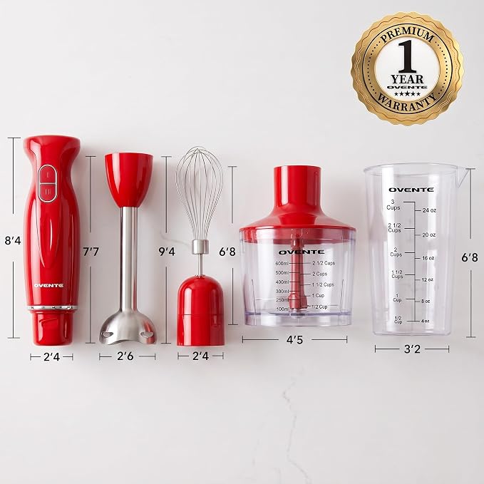 OVENTE Electric Hand Blender Set with 2 Mixing Speeds, 300W Red HS565R | Corded Immersion Handheld Stick Mixer with Stainless Steel Blades, Egg Whisk, Beaker & BPA-Free Food Chopper