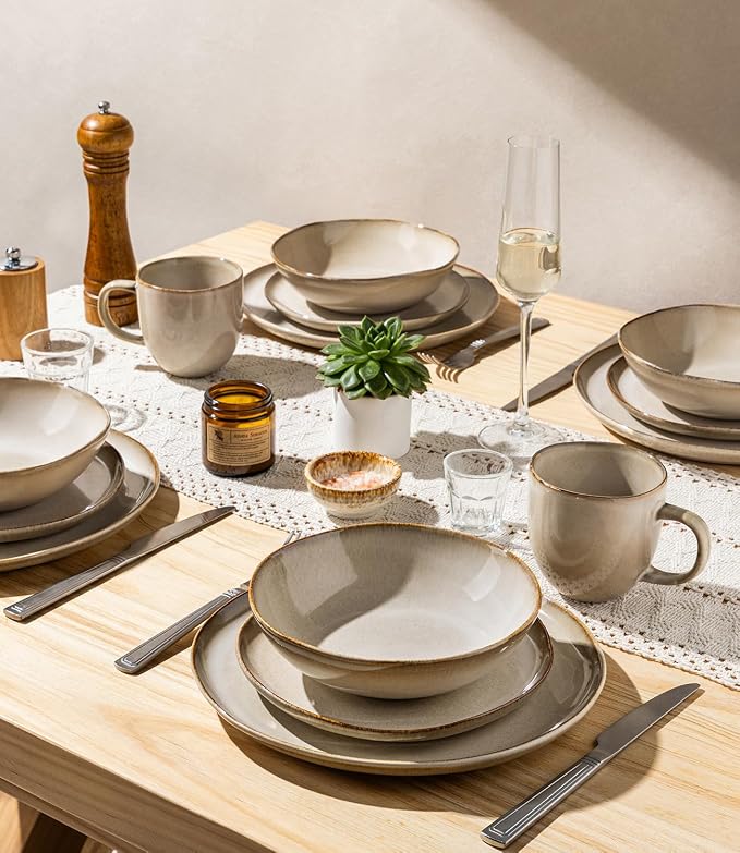 GBHOME Stoneware Dinnerware Sets for 4,12 Piece Rustic Plates and Bowls Set | Earthenware Handmade Reactive Glaze Plate Sets, Chip Resistant Ceramic Dishes, Microwave & Dishwasher Safe, Oatmeal Linen