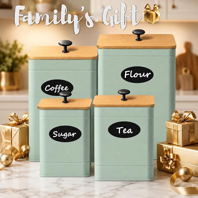 Kitchen Canister Set of 4, Sage Green Airtight Metal Flour Sugar Containers | Flat Bamboo Lids, Reusable Labels & Marker, Wide Openings, Coffee Tea Containers, Kitchen Countertop and Pantry Organized