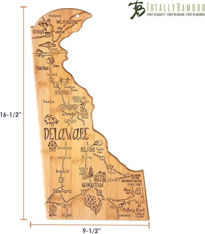 Totally Bamboo Destination Delaware State Shaped Cutting Board | State charcuterie serving board with engraved map artwork. Smooth reverse side for food prep. Hang tie for wall display.