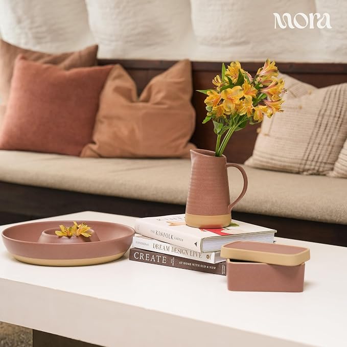 Mora Ceramic Chips and Dip Serving Tray: Large Divided Party Bowl Set for Chips & Salsa, Veggies & Dip, Fruit, Snacks, Entertaining, Hosting, etc. Minimalist Design for the Modern Hostess - Terracotta