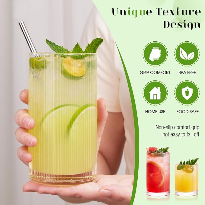 Ribbed Drinking Glasses Cups Set of 8 Large Capacity Highball 17oz&12oz | Rocks Cocktail Glasses Ideal for Beer, Juice, Water, Ice Coffee Cup, Whiskey, Mixed Drinkware
