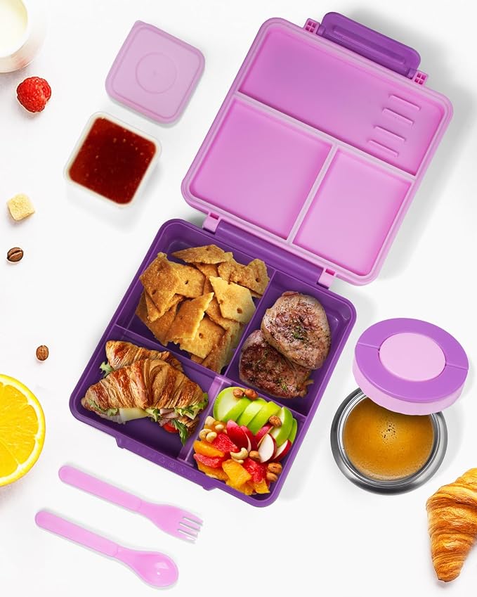 SOHIDA Bento Box with 10oz Soup Thermo: Kids Leakproof Lunch Box with 3 Compartments - Dishwasher Safe and BPA-Free - Vacuum Insulated Food Jar Suitable for Kids Back to School, Travel - Purple